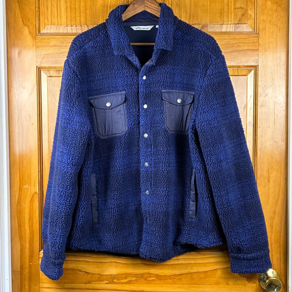 Peter Millar Mens Blue High Pile Fleece Snap Front Shirt Jacket XL Navy Utility
